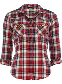 Red And Ivory Stud Check Shirt - neckline: shirt collar/peter pan/zip with opening; pattern: checked/gingham; style: shirt; secondary colour: white; predominant colour: true red; occasions: casual; length: standard; fibres: cotton - 100%; fit: tailored/fitted; sleeve length: 3/4 length; sleeve style: standard; texture group: cotton feel fabrics; pattern type: fabric; pattern size: standard