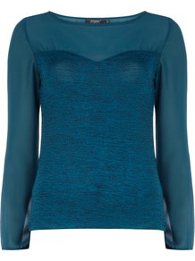 Teal Chiffon Panel Top - neckline: round neck; pattern: plain; predominant colour: teal; occasions: casual, work; length: standard; style: top; fibres: polyester/polyamide - stretch; fit: body skimming; sleeve length: long sleeve; sleeve style: standard; texture group: sheer fabrics/chiffon/organza etc.; pattern type: fabric