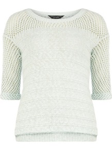 Mint Pointelle Panel Jumper - neckline: slash/boat neckline; pattern: plain; style: standard; predominant colour: pistachio; occasions: casual, work; length: standard; fibres: cotton - 100%; fit: slim fit; sleeve length: 3/4 length; sleeve style: standard; texture group: knits/crochet; pattern type: knitted - other