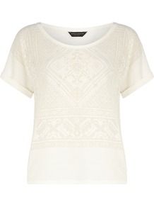 Ivory Burnout Tile Print Tee - neckline: round neck; style: t-shirt; predominant colour: ivory; occasions: casual; length: standard; fibres: cotton - mix; fit: body skimming; sleeve length: short sleeve; sleeve style: standard; pattern type: fabric; pattern size: standard; pattern: patterned/print; texture group: jersey - stretchy/drapey
