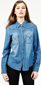 Tallulah Western Shirt - neckline: shirt collar/peter pan/zip with opening; pattern: plain; length: below the bottom; style: shirt; bust detail: pocket detail at bust; predominant colour: denim; occasions: casual, holiday; fibres: cotton - 100%; fit: loose; sleeve length: long sleeve; sleeve style: standard; texture group: denim; pattern type: fabric