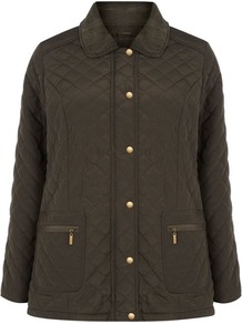 Khaki Quilted Jacket - pattern: plain; length: standard; hip detail: side pockets at hip, front pockets at hip; style: quilted; predominant colour: khaki; occasions: casual, work; fit: straight cut (boxy); fibres: polyester/polyamide - 100%; collar: shirt collar/peter pan/zip with opening; sleeve length: long sleeve; sleeve style: standard; collar break: high; pattern type: fabric; texture group: other - light to midweight