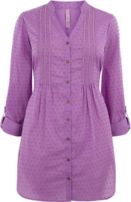 Pink Dobby Spot Shirt - waist detail: fitted waist; length: below the bottom; style: shirt; pattern: polka dot, patterned/print; bust detail: ruching/gathering/draping/layers/pintuck pleats at bust; predominant colour: lilac; occasions: casual; neckline: mandarin with v-neck; fibres: cotton - 100%; fit: straight cut; hip detail: sculpting darts/pleats/seams at hip; sleeve length: 3/4 length; sleeve style: standard; texture group: cotton feel fabrics; pattern type: fabric; pattern size: big & light