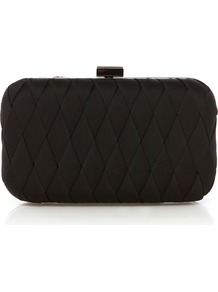 Parker Clutch - predominant colour: black; occasions: evening, occasion; type of pattern: standard; style: clutch; length: hand carry; size: mini; material: satin; pattern: plain; finish: plain; embellishment: chain/metal