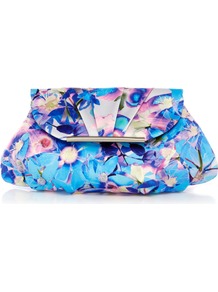 Milan Print Clutch - predominant colour: turquoise; occasions: evening, occasion; type of pattern: heavy; style: clutch; length: hand carry; material: fabric; pattern: florals; trends: high impact florals; finish: plain