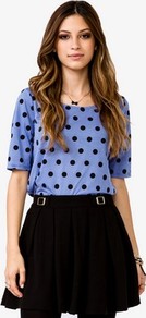 Tie Back Polka Dot Tee - neckline: round neck; style: t-shirt; predominant colour: denim; secondary colour: black; occasions: casual, evening, work, holiday; length: standard; fibres: polyester/polyamide - mix; fit: straight cut; back detail: keyhole/peephole detail at back; sleeve length: short sleeve; sleeve style: standard; pattern type: fabric; pattern size: standard; pattern: patterned/print; texture group: jersey - stretchy/drapey