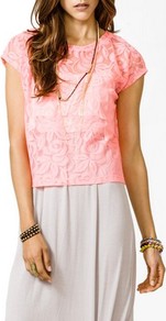 Boxy Lace Top - sleeve style: capped; pattern: plain; predominant colour: pink; occasions: casual, evening, work, holiday; length: standard; style: top; fibres: polyester/polyamide - 100%; fit: straight cut; neckline: crew; sleeve length: short sleeve; pattern type: fabric; texture group: jersey - stretchy/drapey; embellishment: lace