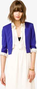 Cropped Open Blazer - pattern: plain; style: single breasted blazer; collar: shawl/waterfall; length: cropped; secondary colour: ivory; predominant colour: royal blue; occasions: casual, evening, work, occasion; fit: tailored/fitted; fibres: polyester/polyamide - stretch; sleeve length: 3/4 length; sleeve style: standard; collar break: low/open; pattern type: fabric; texture group: other - light to midweight