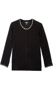 Merino Wool Jewel Embellished Cardigan - neckline: round neck; pattern: plain; predominant colour: black; occasions: casual, evening, work, occasion; length: standard; style: standard; fibres: wool - 100%; fit: standard fit; sleeve length: 3/4 length; sleeve style: standard; texture group: knits/crochet; pattern type: knitted - fine stitch; embellishment: jewels