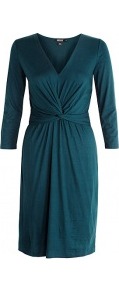 3/4 Sleeve V Neck Jersey Dress With Twisted Cumberbund Dk - style: shift; neckline: low v-neck; fit: empire; pattern: plain; waist detail: twist front waist detail/nipped in at waist on one side/soft pleats/draping/ruching/gathering waist detail; predominant colour: dark green; occasions: casual, evening, work; length: just above the knee; fibres: viscose/rayon - stretch; sleeve length: 3/4 length; sleeve style: standard; pattern type: fabric; texture group: jersey - stretchy/drapey