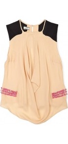 Laylala Silk Mix Sleevless Top With Embellished Detail By - neckline: round neck; sleeve style: sleeveless; waist detail: twist front waist detail/nipped in at waist on one side/soft pleats/draping/ruching/gathering waist detail; shoulder detail: contrast pattern/fabric at shoulder; bust detail: ruching/gathering/draping/layers/pintuck pleats at bust; predominant colour: nude; secondary colour: black; occasions: casual, evening, occasion, holiday; length: standard; style: top; fibres: viscose/rayon - stretch; fit: loose; hip detail: dip hem; sleeve length: sleeveless; texture group: silky - light; trends: volume; pattern type: fabric; pattern size: standard; pattern: colourblock; embellishment: beading