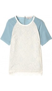 Arsenic Silk And Lace Top - neckline: round neck; sleeve style: raglan; style: t-shirt; predominant colour: ivory; secondary colour: pale blue; occasions: casual, evening, work, occasion; length: standard; fibres: silk - 100%; fit: body skimming; back detail: embellishment at back; sleeve length: short sleeve; texture group: silky - light; pattern type: fabric; pattern size: standard; pattern: colourblock; embellishment: lace