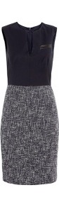 Sleeveless Dress With Tweed Skirt - style: shift; neckline: low v-neck; fit: tailored/fitted; pattern: plain; sleeve style: sleeveless; predominant colour: navy; secondary colour: mid grey; occasions: casual, evening, work; length: just above the knee; fibres: cotton - mix; sleeve length: sleeveless; trends: glamorous day shifts; pattern type: fabric; pattern size: standard; texture group: tweed - light/midweight