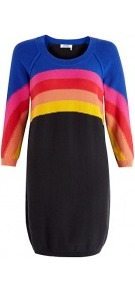 Cotton Rainbow Knitted Jumper Dress - style: jumper dress; length: mid thigh; neckline: round neck; pattern: striped; secondary colour: royal blue; predominant colour: black; occasions: casual; fit: body skimming; fibres: cotton - 100%; sleeve length: 3/4 length; sleeve style: standard; texture group: knits/crochet; pattern type: knitted - other; pattern size: standard