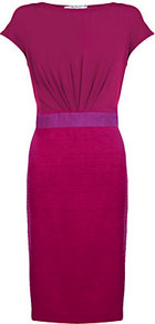 Ciro Dress - style: shift; neckline: slash/boat neckline; sleeve style: capped; fit: tailored/fitted; pattern: plain, colourblock; waist detail: fitted waist, embellishment at waist/feature waistband, narrow waistband; hip detail: fitted at hip; bust detail: ruching/gathering/draping/layers/pintuck pleats at bust; predominant colour: hot pink; occasions: evening, work, occasion; length: just above the knee; fibres: polyester/polyamide - stretch; sleeve length: short sleeve; trends: glamorous day shifts; pattern type: fabric; pattern size: small & light; texture group: jersey - stretchy/drapey