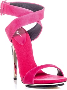 Metal Heel Sandals - predominant colour: hot pink; occasions: evening, occasion; material: suede; embellishment: buckles; ankle detail: ankle strap; heel: stiletto; toe: open toe/peeptoe; style: standard; finish: plain; pattern: plain; heel height: very high