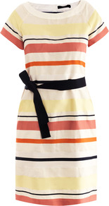 Domino Dress - style: shift; neckline: round neck; fit: tailored/fitted; pattern: striped; waist detail: belted waist/tie at waist/drawstring; predominant colour: ivory; secondary colour: terracotta; occasions: casual, evening, occasion; length: just above the knee; fibres: cotton - mix; sleeve length: short sleeve; sleeve style: standard; texture group: cotton feel fabrics; trends: striking stripes; pattern type: fabric; pattern size: standard