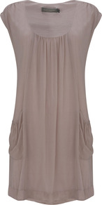 Mink Crinkle Dress - style: smock; length: mid thigh; fit: loose; pattern: plain; sleeve style: sleeveless; hip detail: front pockets at hip; bust detail: ruching/gathering/draping/layers/pintuck pleats at bust; predominant colour: taupe; occasions: casual, holiday; neckline: scoop; fibres: silk - 100%; sleeve length: sleeveless; trends: volume; pattern type: fabric; texture group: jersey - stretchy/drapey