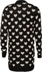 Black Heart Print Open Front Cardigan - neckline: collarless open; style: open front; secondary colour: white; predominant colour: black; occasions: casual, work; fibres: acrylic - 100%; fit: loose; length: mid thigh; sleeve length: long sleeve; sleeve style: standard; texture group: knits/crochet; trends: statement prints; pattern type: knitted - other; pattern size: big & busy; pattern: patterned/print
