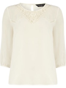Ivory Lace V Top - neckline: round neck; bust detail: sheer at bust, contrast pattern/fabric/detail at bust; style: blouse; shoulder detail: contrast pattern/fabric at shoulder; predominant colour: ivory; occasions: casual, evening, work, holiday; length: standard; fibres: polyester/polyamide - 100%; fit: straight cut; back detail: keyhole/peephole detail at back; sleeve length: 3/4 length; sleeve style: standard; texture group: sheer fabrics/chiffon/organza etc.; pattern type: fabric; pattern size: small & light; embellishment: embroidered
