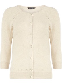 Oat Pointelle Cotton Cardigan - neckline: round neck; pattern: plain; hip detail: fitted at hip; predominant colour: ivory; occasions: casual, work; length: standard; style: standard; fibres: cotton - mix; fit: slim fit; waist detail: fitted waist; sleeve length: 3/4 length; sleeve style: standard; texture group: knits/crochet; pattern type: knitted - fine stitch