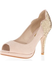 Glitter Mid Heel Peep Courts - predominant colour: nude; occasions: evening, occasion; material: fabric; heel height: high; embellishment: glitter; heel: platform; toe: open toe/peeptoe; style: courts; trends: metallics; finish: plain; pattern: plain