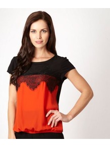 Dark Orange Scalloped Lace Colour Block Top - neckline: round neck; pattern: plain; back detail: contrast pattern/fabric at back; predominant colour: bright orange; secondary colour: black; occasions: casual, evening; length: standard; style: top; fibres: polyester/polyamide - 100%; fit: body skimming; bust detail: contrast pattern/fabric/detail at bust; sleeve length: short sleeve; sleeve style: standard; pattern type: fabric; pattern size: standard; texture group: jersey - stretchy/drapey; embellishment: lace