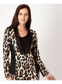 Black Animal Print Blazer - style: single breasted blazer; collar: shawl/waterfall; secondary colour: white; predominant colour: black; occasions: evening, occasion; length: standard; fit: tailored/fitted; fibres: cotton - stretch; sleeve length: long sleeve; sleeve style: standard; texture group: crepes; trends: statement prints, tuxedo; collar break: low/open; pattern type: fabric; pattern size: big & busy; pattern: animal print