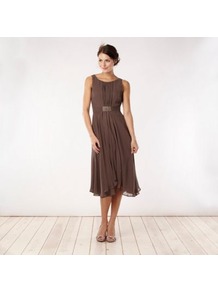 Light Brown Embellished Empire Line Party Dress - style: empire line; length: below the knee; neckline: round neck; fit: empire; pattern: plain; sleeve style: sleeveless; waist detail: embellishment at waist/feature waistband; back detail: low cut/open back; bust detail: ruching/gathering/draping/layers/pintuck pleats at bust; predominant colour: chocolate brown; occasions: evening, occasion; fibres: polyester/polyamide - 100%; hip detail: soft pleats at hip/draping at hip/flared at hip; sleeve length: sleeveless; texture group: sheer fabrics/chiffon/organza etc.; pattern type: fabric; embellishment: beading