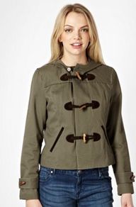 Khaki Boxy Duffle Jacket - pattern: plain; length: standard; back detail: hood; hip detail: front pockets at hip; collar: high neck; style: duffle coat; predominant colour: khaki; occasions: casual, work; fit: straight cut (boxy); fibres: cotton - mix; sleeve length: long sleeve; sleeve style: standard; collar break: high/illusion of break when open; pattern type: fabric; pattern size: standard; texture group: other - bulky/heavy