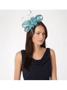 Turquoise Beaded Feather Flower Fascinator - predominant colour: turquoise; occasions: evening, occasion; type of pattern: standard; style: fascinator; size: standard; material: macrame/raffia/straw; embellishment: feather; pattern: plain