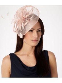 Mid Rose Mesh Flower Fascinator - predominant colour: blush; occasions: evening, occasion; type of pattern: standard; style: fascinator; size: standard; material: sinamay; embellishment: feather; pattern: plain