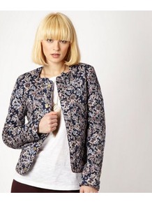 Navy Printed Quilted Jacket - collar: round collar/collarless; pattern: paisley, florals, patterned/print; style: boxy; predominant colour: navy; occasions: casual, evening, work, occasion; length: standard; fit: straight cut (boxy); fibres: cotton - 100%; sleeve length: long sleeve; sleeve style: standard; trends: statement prints; collar break: high; pattern type: fabric; pattern size: small & busy; texture group: brocade/jacquard