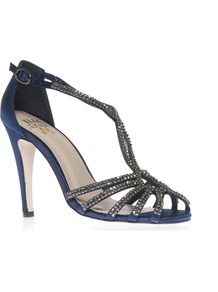 Pippa - predominant colour: navy; occasions: evening, occasion; material: satin; heel height: high; embellishment: crystals; ankle detail: ankle strap; heel: stiletto; toe: open toe/peeptoe; style: strappy; finish: plain; pattern: plain