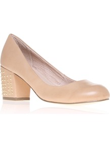 Carrine - predominant colour: nude; occasions: casual, work; material: leather; heel height: mid; embellishment: studs; heel: block; toe: round toe; style: courts; finish: plain; pattern: plain