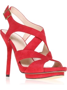 Bymyside - predominant colour: true red; occasions: evening, occasion, holiday; material: suede; heel height: high; embellishment: buckles; ankle detail: ankle strap; heel: stiletto; toe: open toe/peeptoe; style: strappy; finish: plain; pattern: plain