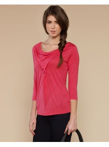 Millie Top - neckline: cowl/draped neck; pattern: plain; bust detail: ruching/gathering/draping/layers/pintuck pleats at bust; predominant colour: pink; occasions: casual, evening, work; length: standard; style: top; fibres: polyester/polyamide - 100%; fit: body skimming; sleeve length: 3/4 length; sleeve style: standard; pattern type: fabric; pattern size: standard; texture group: jersey - stretchy/drapey