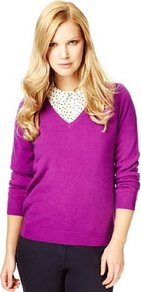 Cashmilon™ V Neck Jumper - neckline: v-neck; pattern: plain; style: standard; predominant colour: magenta; occasions: casual, work; length: standard; fibres: acrylic - 100%; fit: standard fit; sleeve length: long sleeve; sleeve style: standard; texture group: knits/crochet; pattern type: knitted - fine stitch; pattern size: standard