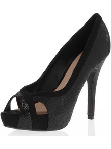 Black Platform Peep Courts - predominant colour: black; occasions: evening, occasion; material: fabric; heel height: high; heel: platform; toe: open toe/peeptoe; style: courts; trends: metallics; finish: plain; pattern: animal print, plain