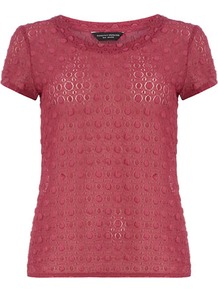 Plum Textured Lace Tee - neckline: round neck; pattern: plain; style: t-shirt; predominant colour: burgundy; occasions: casual; length: standard; fibres: polyester/polyamide - stretch; fit: straight cut; sleeve length: short sleeve; sleeve style: standard; texture group: lace; pattern type: fabric; pattern size: small & busy