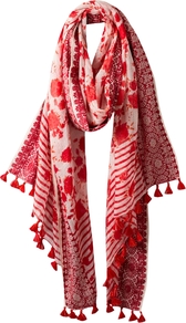Floral Striped Scarf, Scarlet - predominant colour: true red; occasions: casual, evening, work; type of pattern: heavy; style: regular; size: large; material: fabric; embellishment: tassels; pattern: florals, horizontal stripes, patterned/print; trends: statement prints