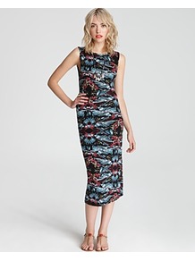 Dress Love From London - style: shift; length: calf length; sleeve style: sleeveless; waist detail: fitted waist; hip detail: fitted at hip; predominant colour: black; occasions: casual, evening, work; fit: body skimming; fibres: polyester/polyamide - stretch; neckline: crew; sleeve length: sleeveless; trends: statement prints, glamorous day shifts; pattern type: fabric; pattern size: big & busy; pattern: patterned/print; texture group: jersey - stretchy/drapey