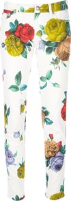 Floral Print Trouser - style: capri; pocket detail: traditional 5 pocket; waist: mid/regular rise; predominant colour: white; occasions: casual, evening, work; length: ankle length; fibres: cotton - 100%; waist detail: narrow waistband; texture group: cotton feel fabrics; trends: high impact florals; fit: slim leg; pattern type: fabric; pattern size: big & busy; pattern: florals