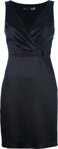 Bow Detail Fitted Dress - style: faux wrap/wrap; neckline: low v-neck; fit: tailored/fitted; pattern: plain; sleeve style: sleeveless; waist detail: fitted waist, embellishment at waist/feature waistband; hip detail: fitted at hip; bust detail: ruching/gathering/draping/layers/pintuck pleats at bust; predominant colour: black; occasions: evening, occasion; length: just above the knee; fibres: polyester/polyamide - 100%; sleeve length: sleeveless; texture group: structured shiny - satin/tafetta/silk etc.; pattern type: fabric