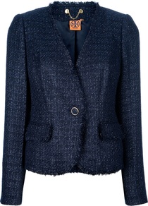 Tweed Blazer - style: single breasted blazer; hip detail: side pockets at hip; collar: standard lapel/rever collar; pattern: herringbone/tweed, patterned/print; predominant colour: navy; occasions: casual, evening, work; length: standard; fit: tailored/fitted; fibres: acrylic - mix; waist detail: fitted waist; sleeve length: long sleeve; sleeve style: standard; trends: metallics; collar break: medium; pattern type: knitted - other; texture group: tweed - light/midweight
