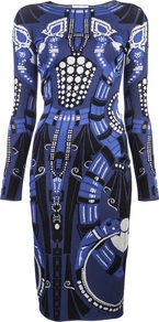 Intarsia Dress - neckline: round neck; fit: tight; style: bodycon; hip detail: fitted at hip; predominant colour: royal blue; occasions: casual, evening, occasion; length: on the knee; fibres: nylon - mix; sleeve length: long sleeve; sleeve style: standard; texture group: jersey - clingy; trends: statement prints; pattern type: fabric; pattern size: big & busy; pattern: patterned/print