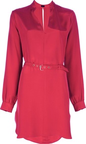 Long Sleeved Dress - style: shift; pattern: plain; waist detail: fitted waist, belted waist/tie at waist/drawstring; predominant colour: true red; occasions: casual, evening, holiday; length: just above the knee; fit: body skimming; neckline: mandarin with v-neck; fibres: silk - 100%; back detail: keyhole/peephole detail at back, longer hem at back than at front; sleeve length: long sleeve; sleeve style: standard; texture group: silky - light; pattern type: fabric; pattern size: standard