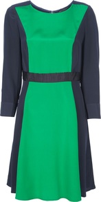 'Avery' Colourblock Dress - neckline: round neck; fit: fitted at waist; waist detail: fitted waist, embellishment at waist/feature waistband, belted waist/tie at waist/drawstring, narrow waistband; predominant colour: emerald green; occasions: casual, evening, work; length: just above the knee; style: fit & flare; fibres: silk - 100%; hip detail: soft pleats at hip/draping at hip/flared at hip; bust detail: contrast pattern/fabric/detail at bust; sleeve length: 3/4 length; sleeve style: standard; texture group: silky - light; trends: glamorous day shifts; pattern type: fabric; pattern size: big & light; pattern: colourblock
