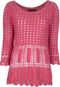 Crocheted Sweater - neckline: round neck; pattern: plain; length: below the bottom; style: standard; predominant colour: hot pink; occasions: casual; fibres: cotton - 100%; fit: standard fit; sleeve length: 3/4 length; sleeve style: standard; texture group: knits/crochet; pattern type: knitted - big stitch; pattern size: standard