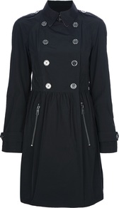 Double Breasted Trench Coat - pattern: plain; style: trench coat; length: mid thigh; predominant colour: navy; occasions: casual, work; fit: tailored/fitted; fibres: polyester/polyamide - 100%; collar: shirt collar/peter pan/zip with opening; hip detail: added detail/embellishment at hip; sleeve length: long sleeve; sleeve style: standard; texture group: cotton feel fabrics; collar break: high; pattern type: fabric